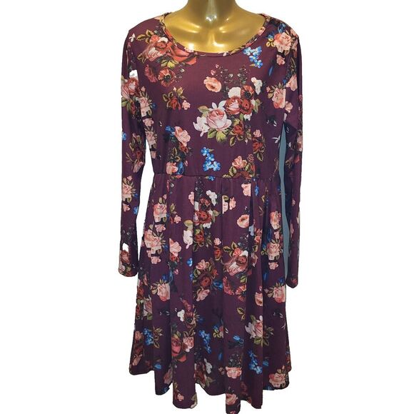 Bluetime Medium Red Floral Swing Dress Pullover Cotton Blend Stretch Waist BOHO - Picture 6 of 13